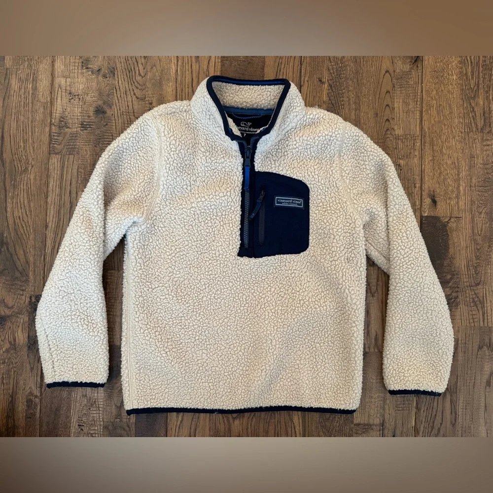 Vineyard Vines Stillwater Sherpa 1/4 Quarter Zip Cream Navy Boys Size 7 4‎